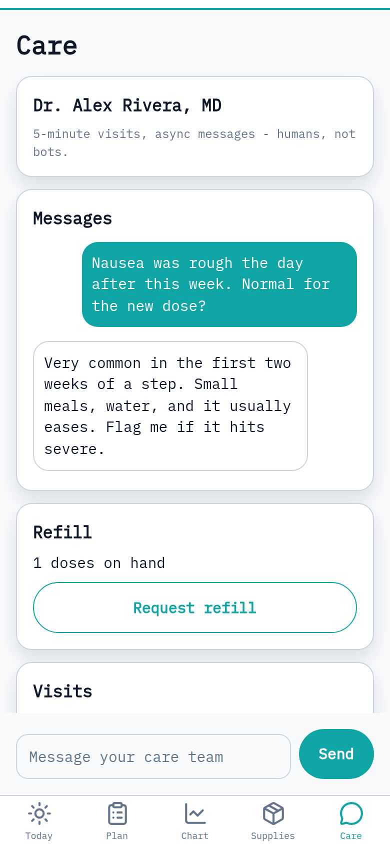 RetaTrue app Care tab: your doctor's card and an async message thread answering a side-effect question